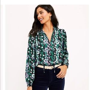 LOFT Floral Ruffle Tie Neck Mixed Media Blouse
